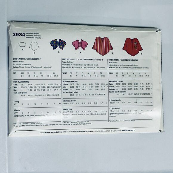 Girl's Poncho Shrug Simplicity Sewing Pattern 3934 Sizes XXS XS S M L XL - Picture 2 of 2